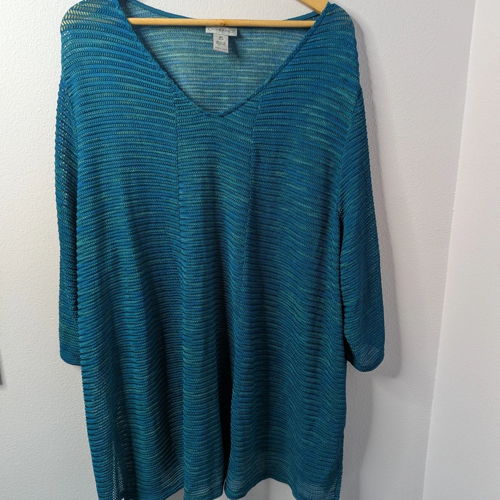 Catherines 3X Turquoise Open Knit Tunic‎ Top - Picture 2 of 5